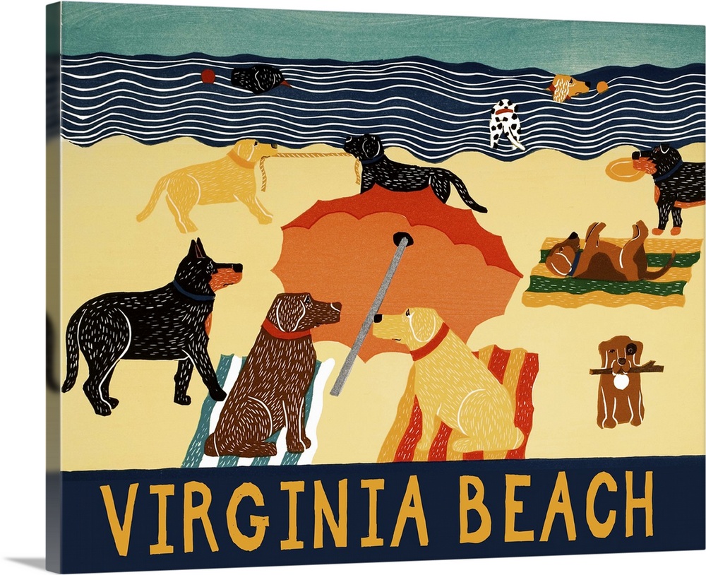 Illustration of multiple breeds of dogs having a beach day with "Virginia Beach" written on the bottom.