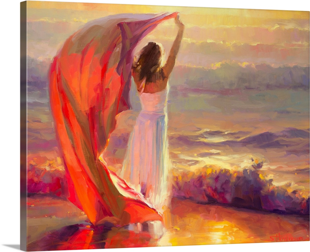 Painting of woman standing on beach and holding a scarf that is blowing in the wind.  The waves are crashing on the beach ...