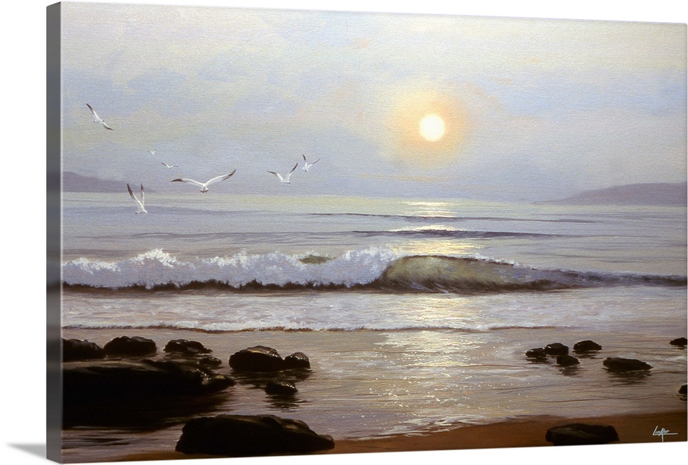 Contemporary painting of the ocean shore with shallow waves at sunset.