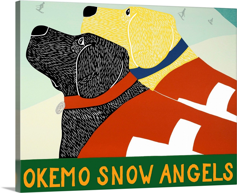 Illustration of a black and yellow lab dressed in ski patrol uniforms looking up the slopes with the phrase "Okemo Snow An...