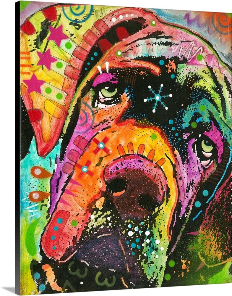 Vibrant painting of droopy faced dog with colorful abstract designs all over.