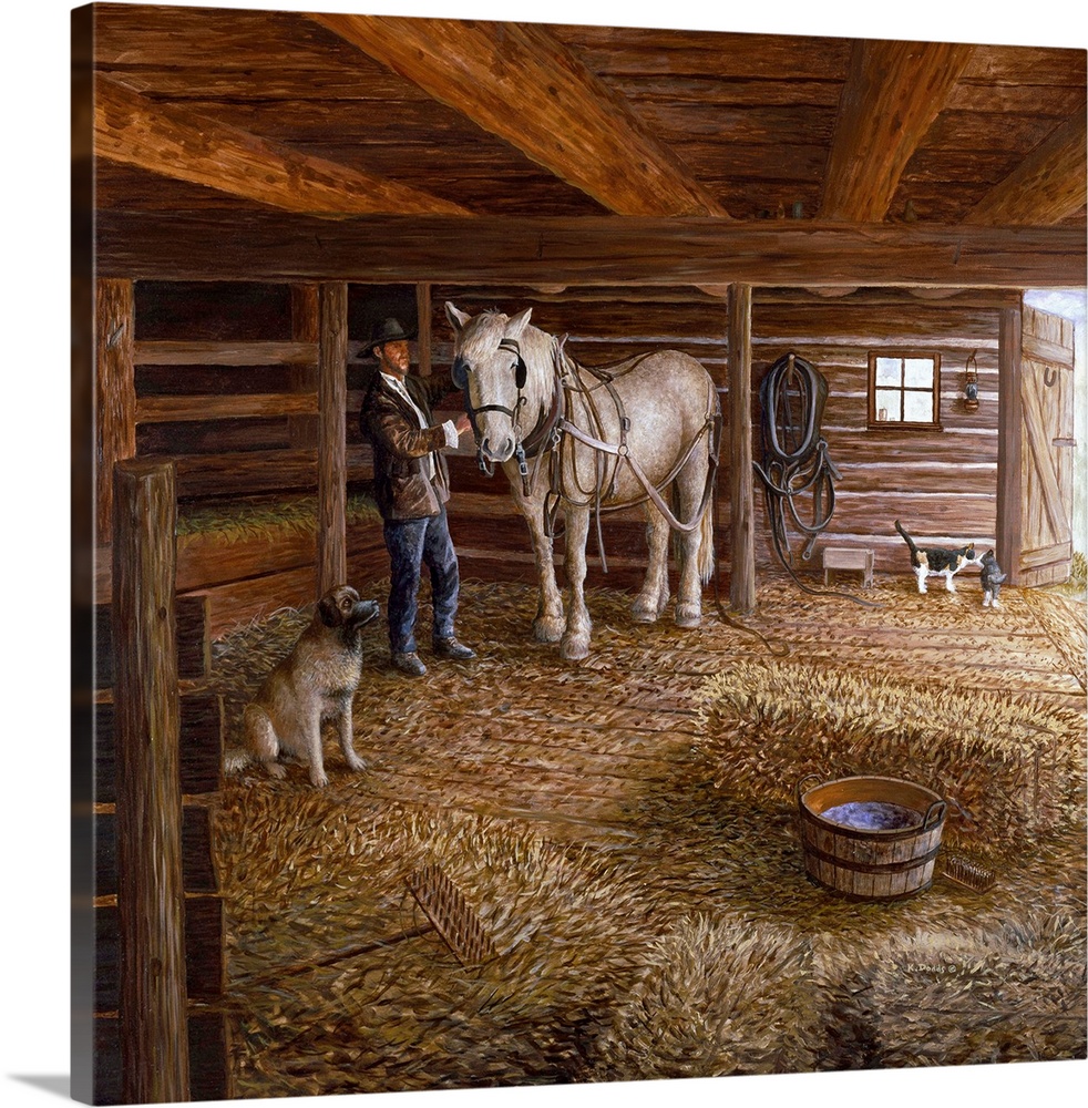 Contemporary artwork of a man with his horse and dog in a barn.