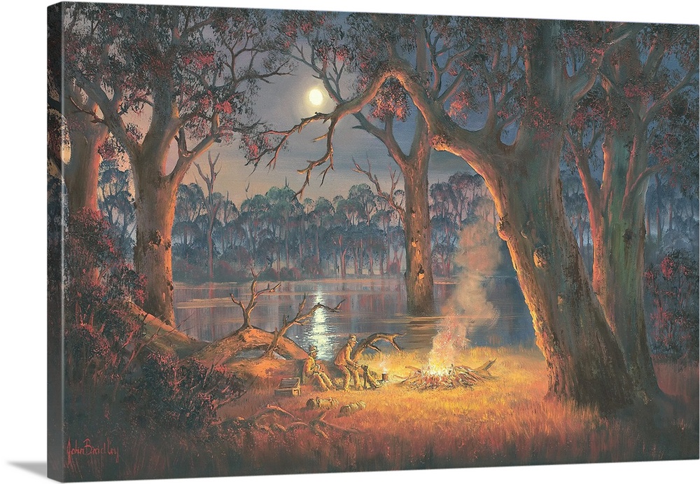 Contemporary painting of old friends sitting beside a roaring campfire at night.