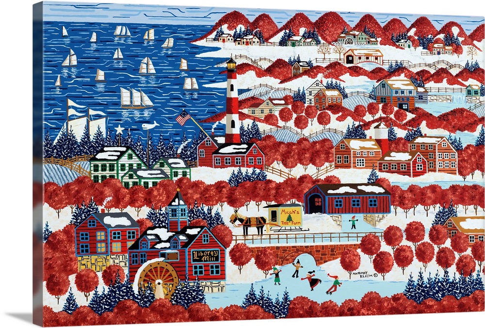 A contemporary Americana painting of a countryside town in winter resembling the American flag.