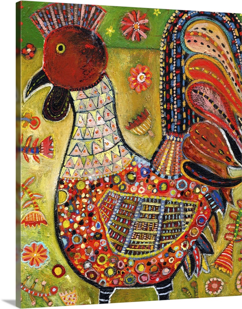 Lighthearted contemporary painting of a rooster against a green background.