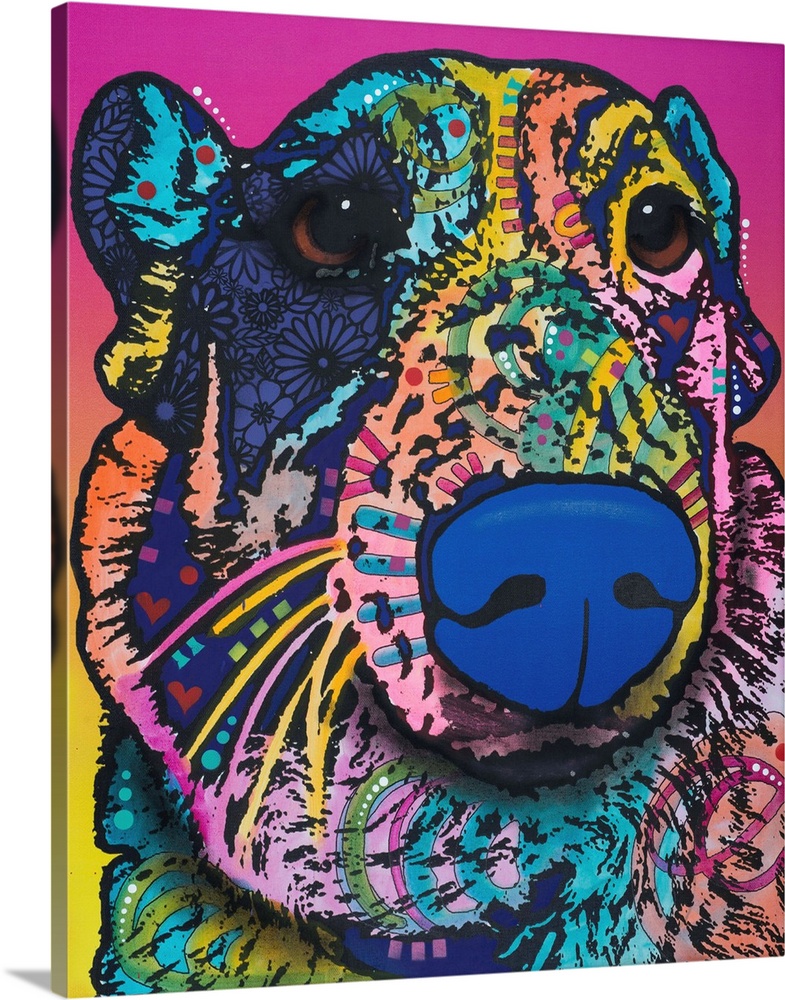 Pop art style painting of a colorful dog with a fluffy neck, sad eyes, and graffiti-like designs on a pink and yellow back...
