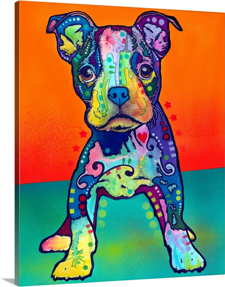 Vertical, large artwork of a Pit Bull puppy with rainbow like graffiti coloring and shapes, on a plain background that app...