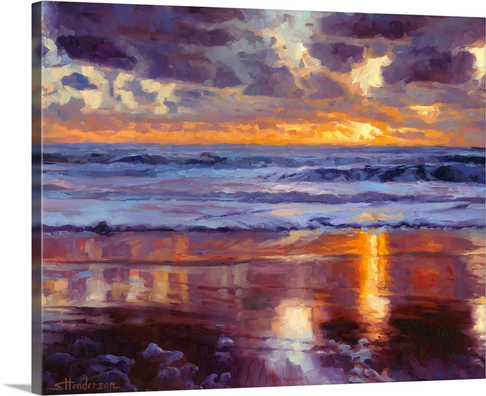 Abstract painting of a beach with crashing waves and a setting sun in the distance made up of big brushstrokes.