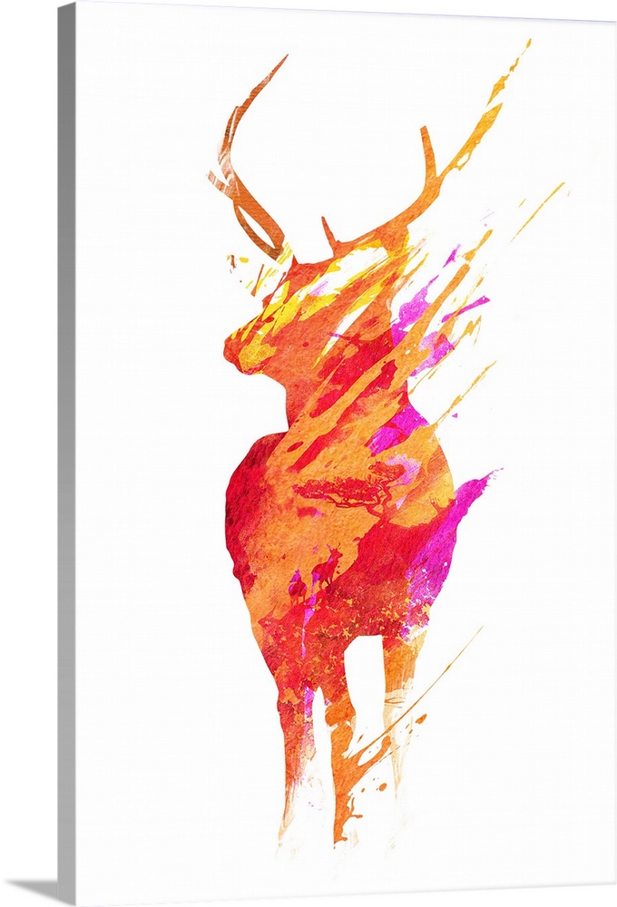 Pop art of a deer made of paint splatters, with smaller deer silhouettes inside.