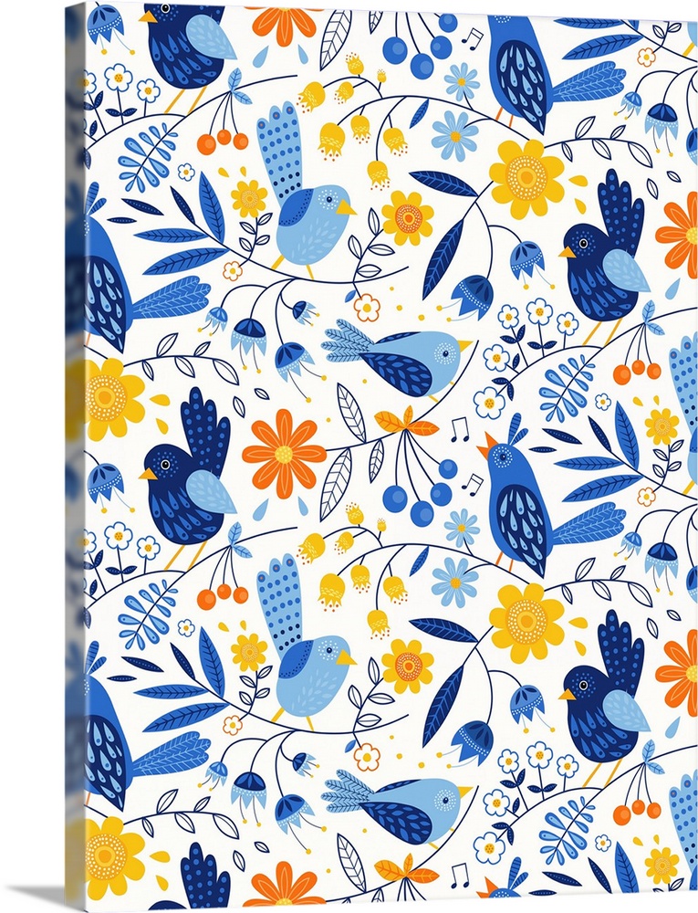 Colorful contemporary patterned artwork incorporating birds and flowers.