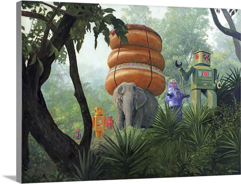 A contemporary painting of a surreal scene of retro toy robots walking through a jungle with an elephant carrying a stack ...
