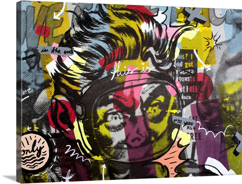Pop art composed of comic illustrations and bold text, reminiscent of Lichtenstein, with a diver with a scuba mask.