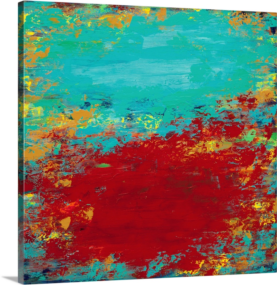 A contemporary abstract painting using wild vibrant colors and weathered and worn textures.