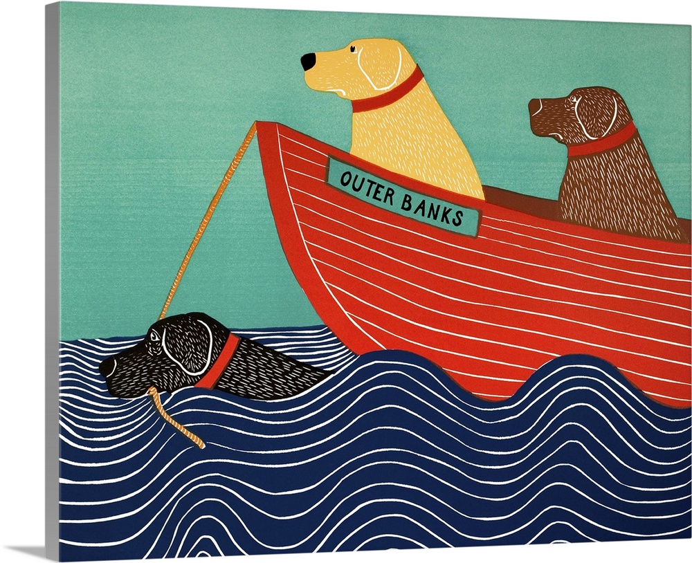 Illustration of a black lab in the ocean pulling a red boat to the Outer Banks with a yellow and chocolate lab on board.