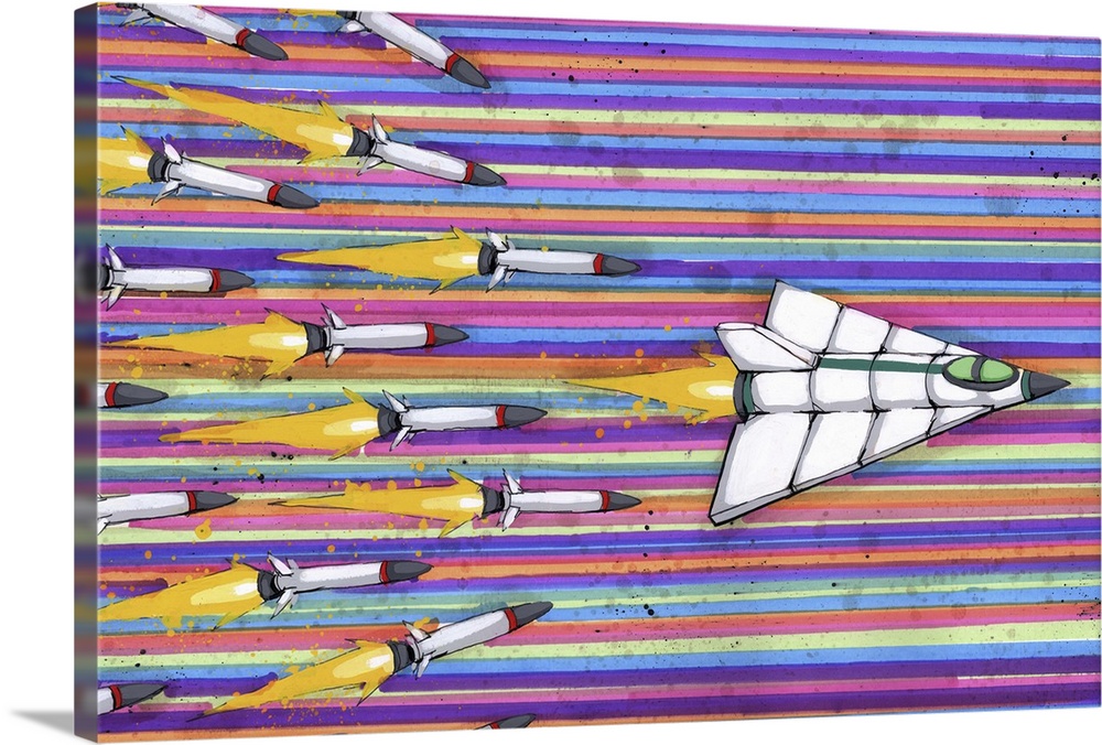 Pop art painting of a spaceship flying in front of several missiles.