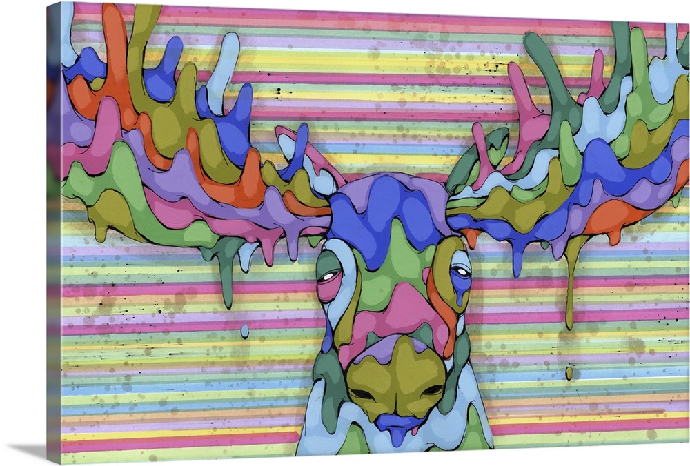 Pop art painting of a moose made of colors on a rainbow striped background.