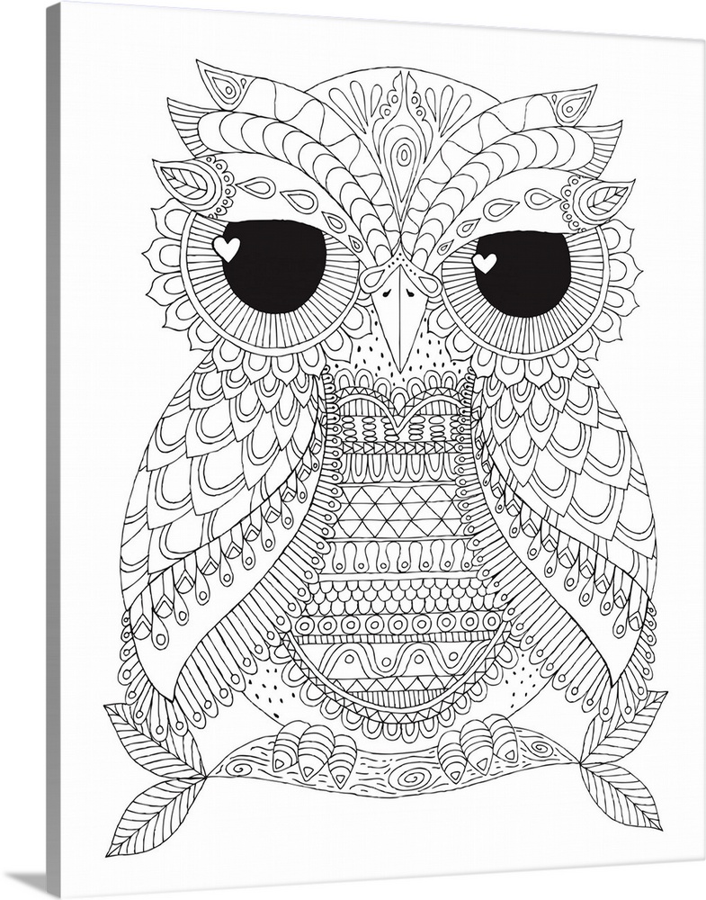 Black and white line art of an owl with unique markings and big black eyes with heart shaped pupils.