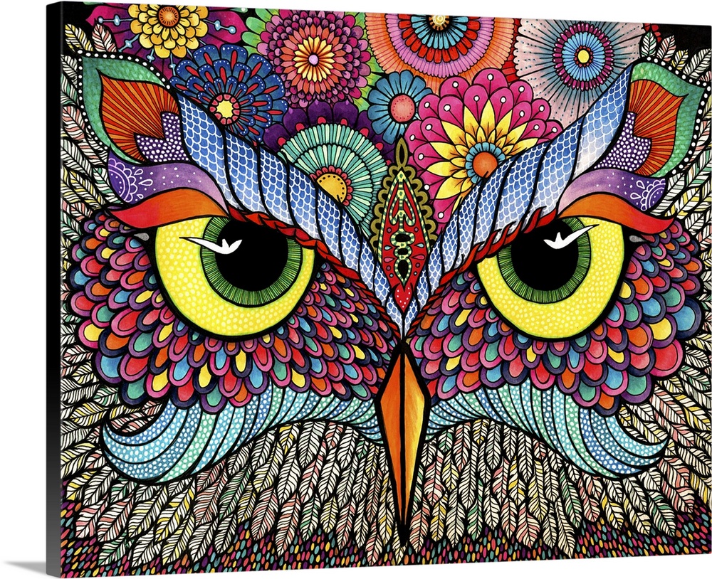 Contemporary abstract artwork of a brightly colored and patterned owl face close-up.