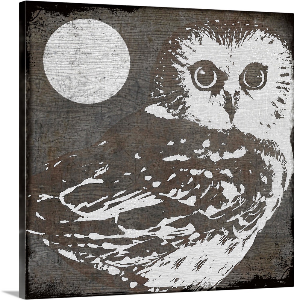 Stylized woodcut of owl and moon