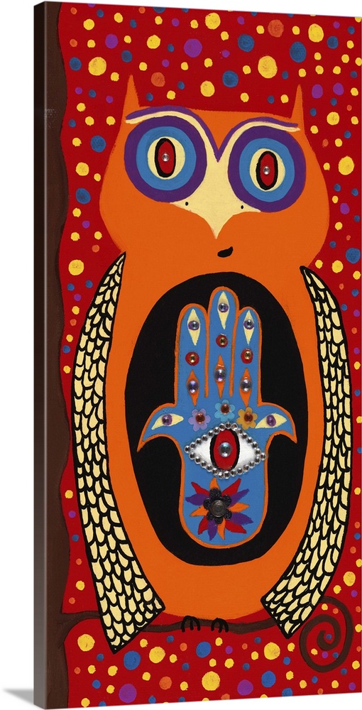 Painting of an orange owl with a hamsa symbol and wide open eyes.