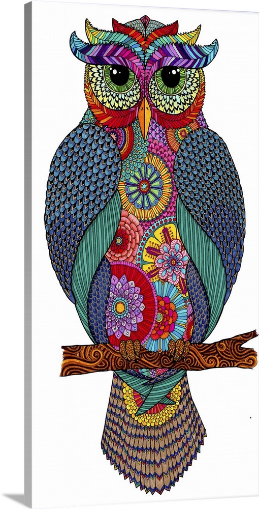Contemporary abstract artwork of a brightly colored and patterned owl perched on a branch.