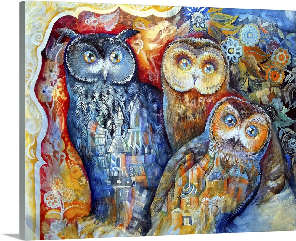 Watercolor painting of three wide-eyed owls decorated with architectural elements.