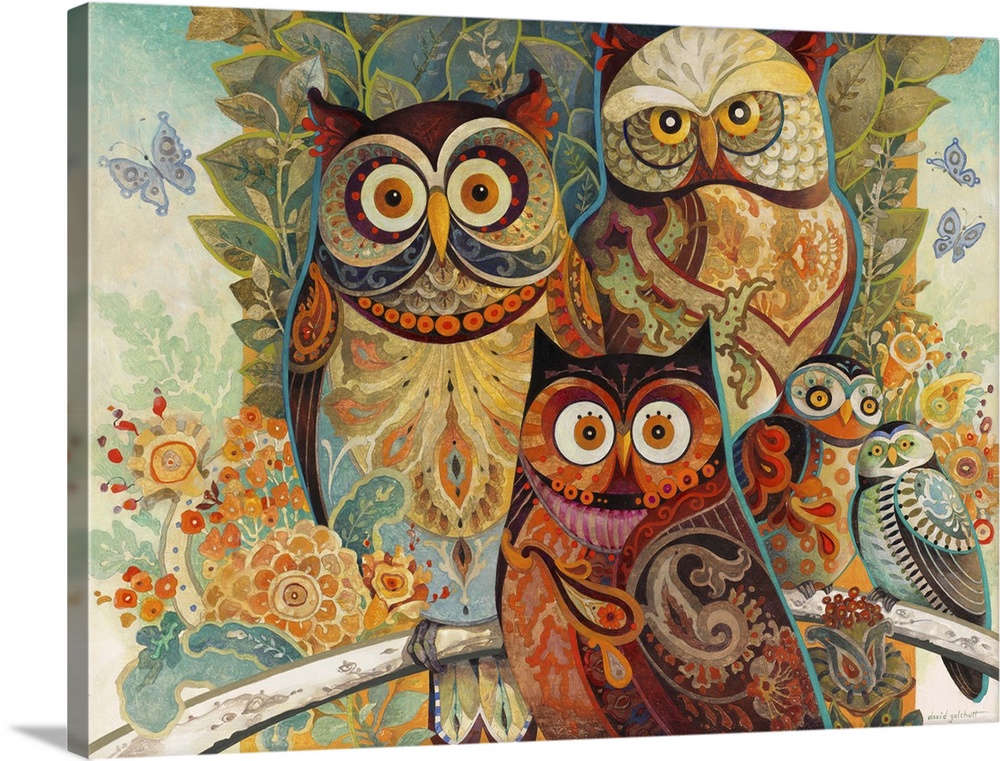 Illustration of several owls in colorful paisley patterns.
