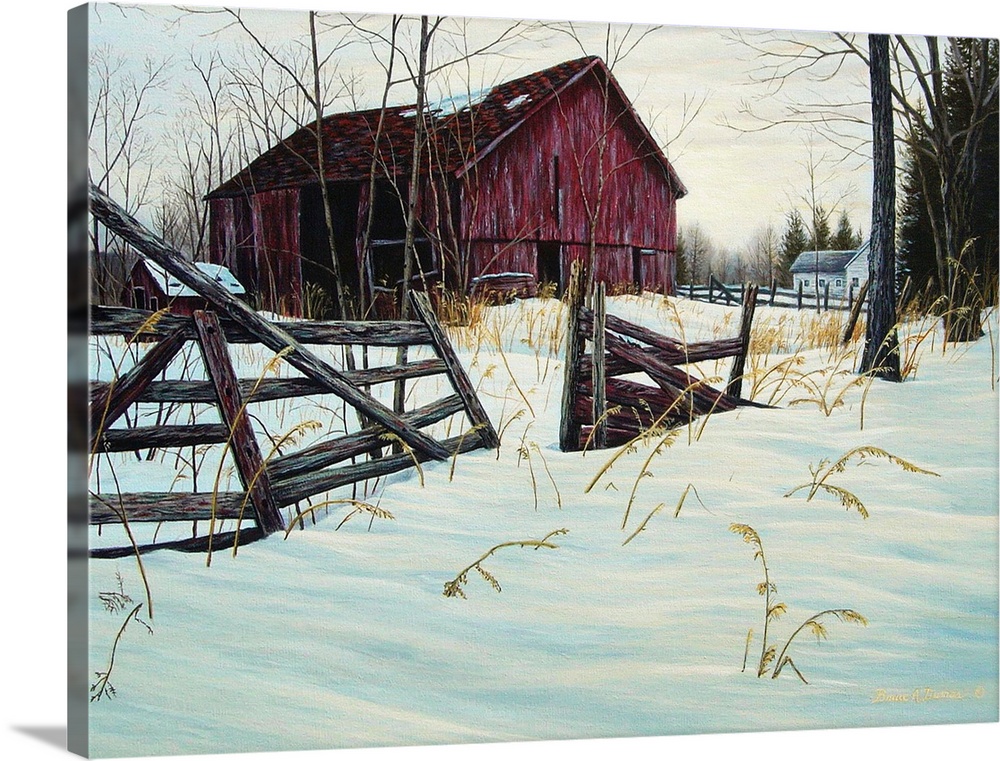 Contemporary artwork of a snowy field with rickety fence with barn in the background.