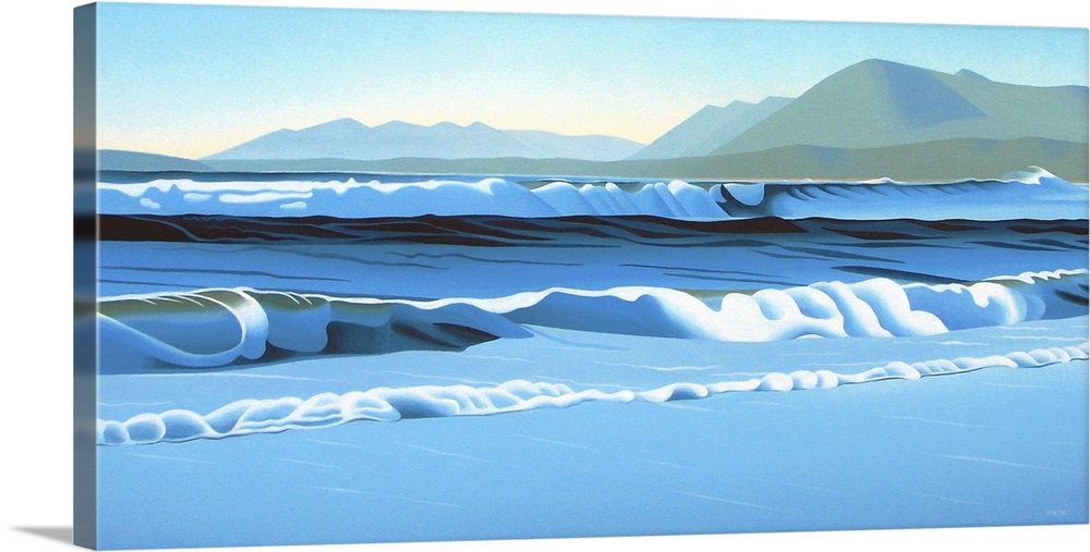 Contemporary painting of a seascape from a beach, with mountains in the distance.