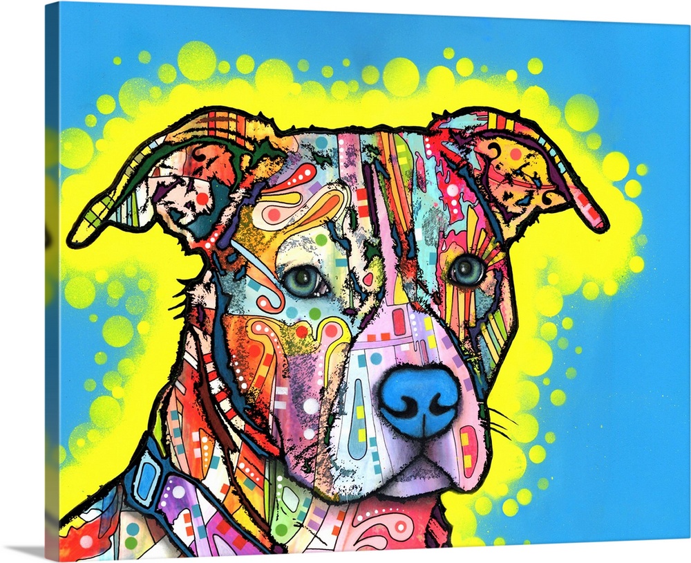 Playful painting of a colorful pit bull with graffiti-like designs on a blue background with a yellow dotted outline.