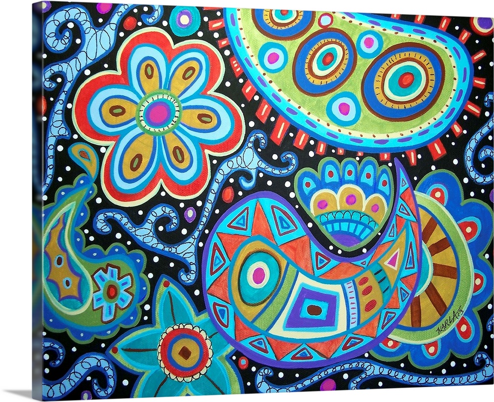 Contemporary painting of a vivid paisley and floral pattern.