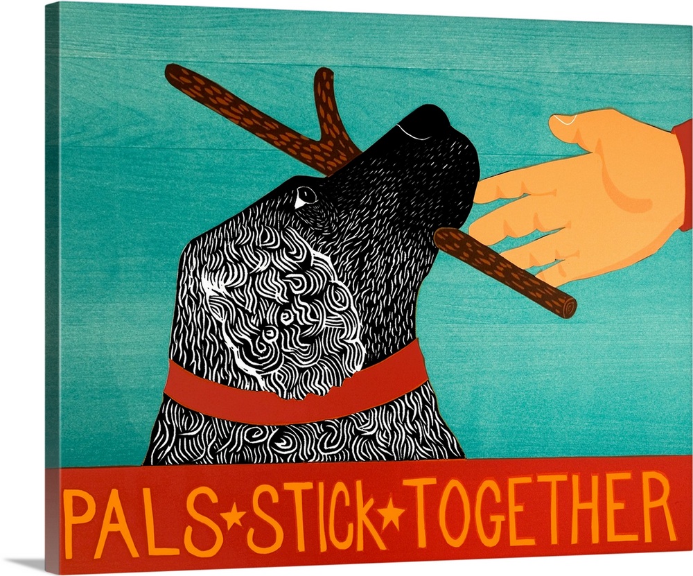 Illustration of a black dog with a stick in its mouth and its owners hand next to it with the phrase "Pals Stick Togeher" ...