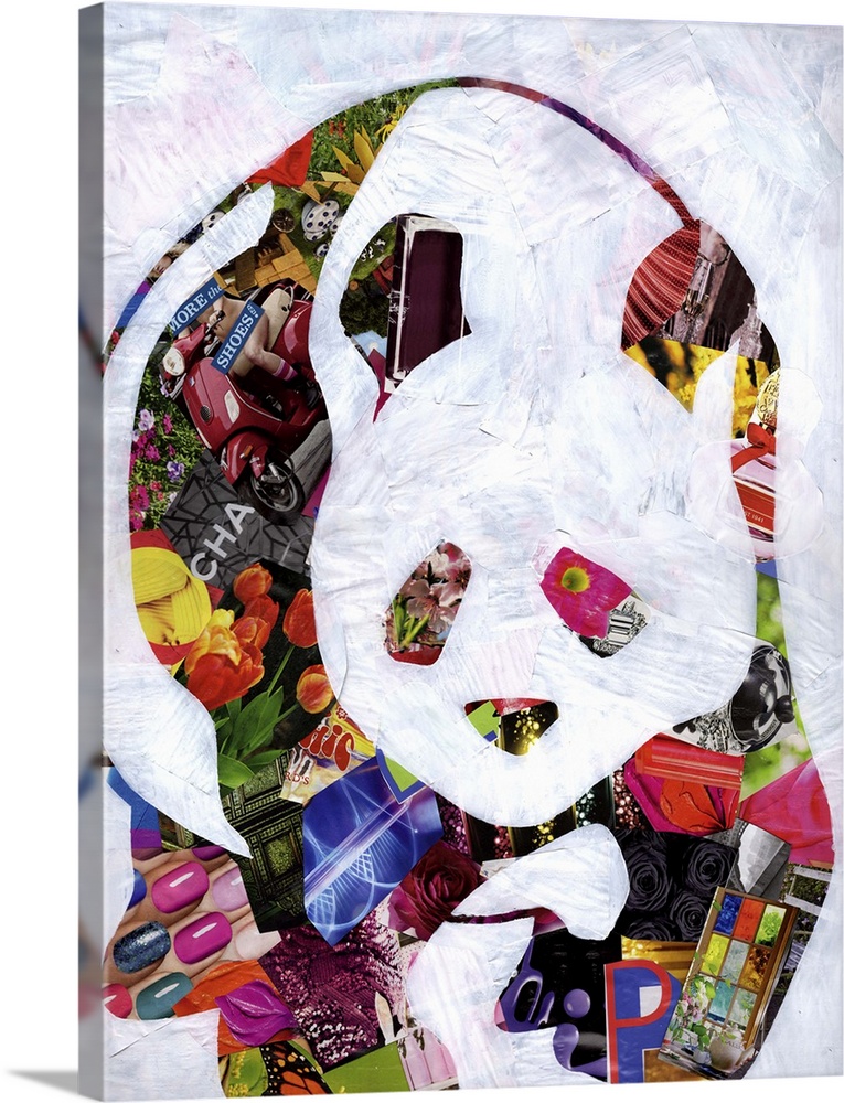 Multimedia collage of magazine clippings and paint of a cute panda bear.