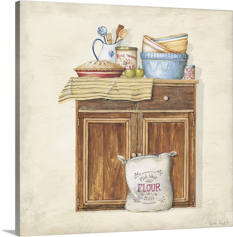 Sideboard cabinet with bowls, pitcher of utensils, and pie. Bag of flour on floor