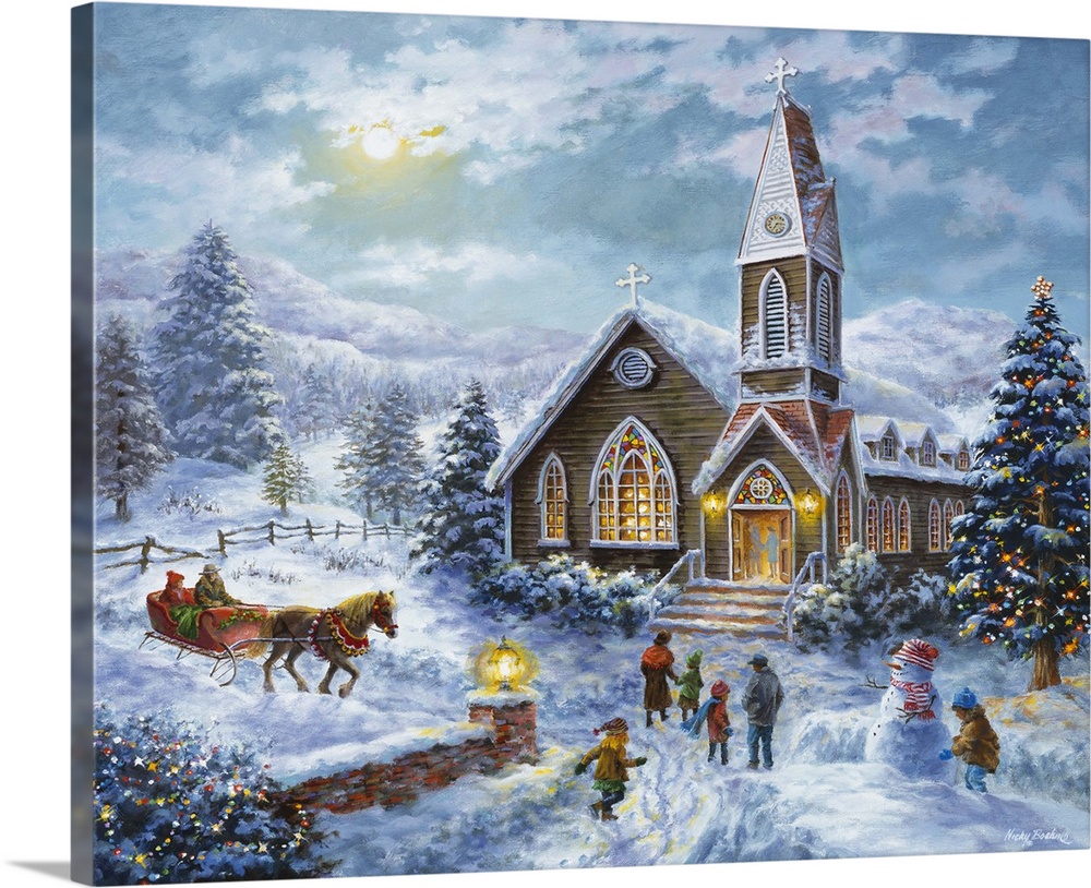 Painting of a winter church with glowing windows. Product is a painting reproduction only, and does not contain actual lig...