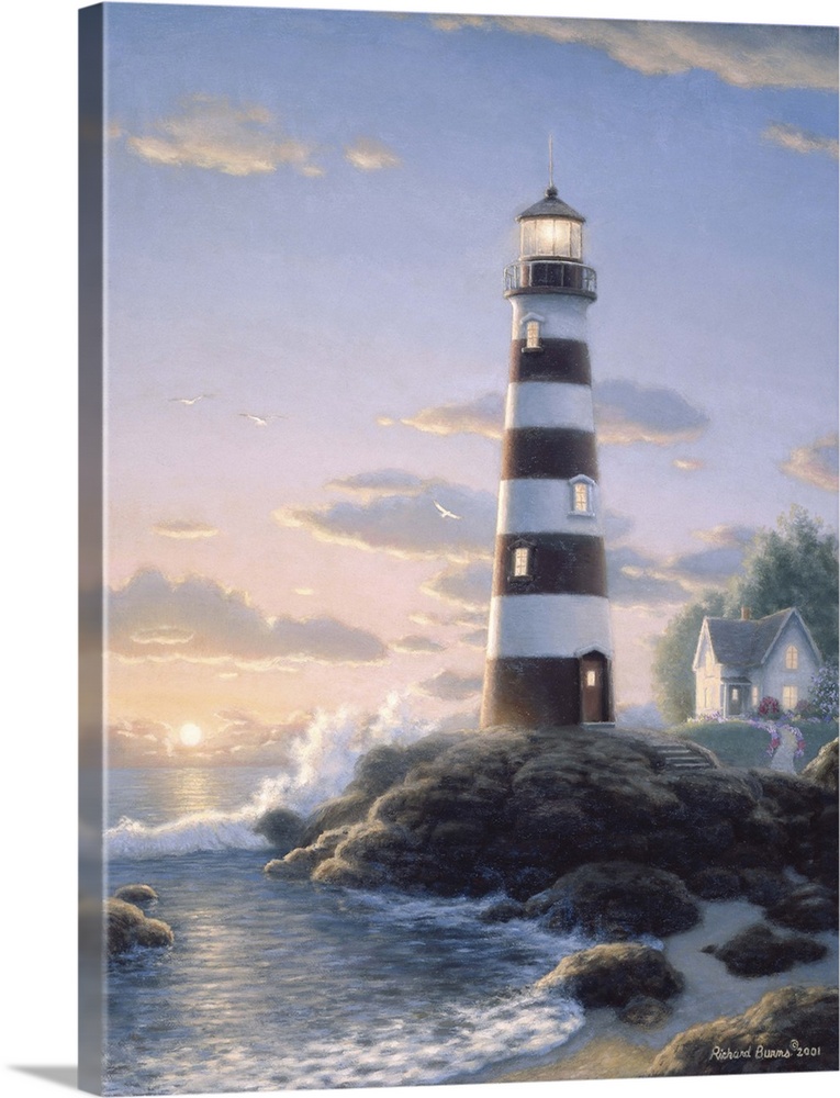Contemporary painting of a striped lighthouse.
