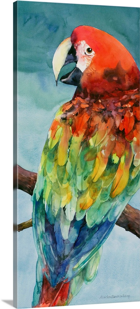 Contemporary watercolor painting of a vibrant colorful parrot perched on a branch.