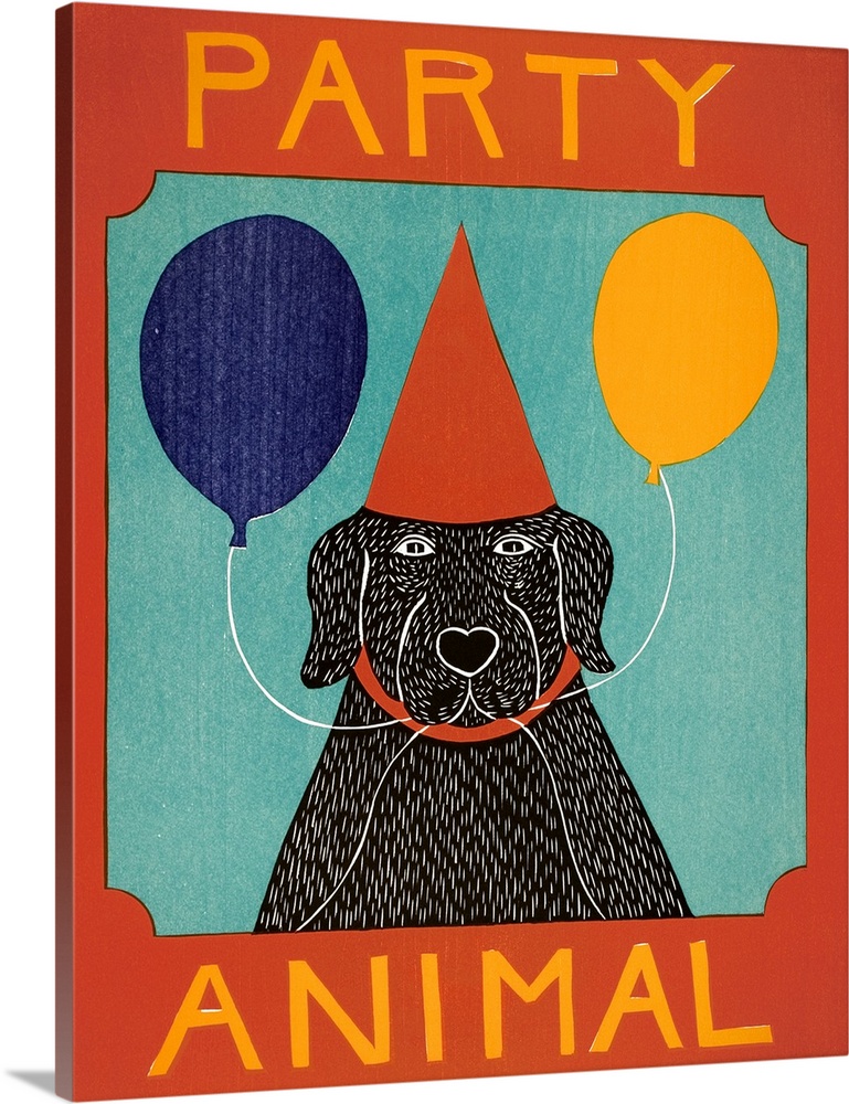 Illustration of a black lab wearing a red party hat and holding two balloons in its mouth with the phrase "Party Animal" w...