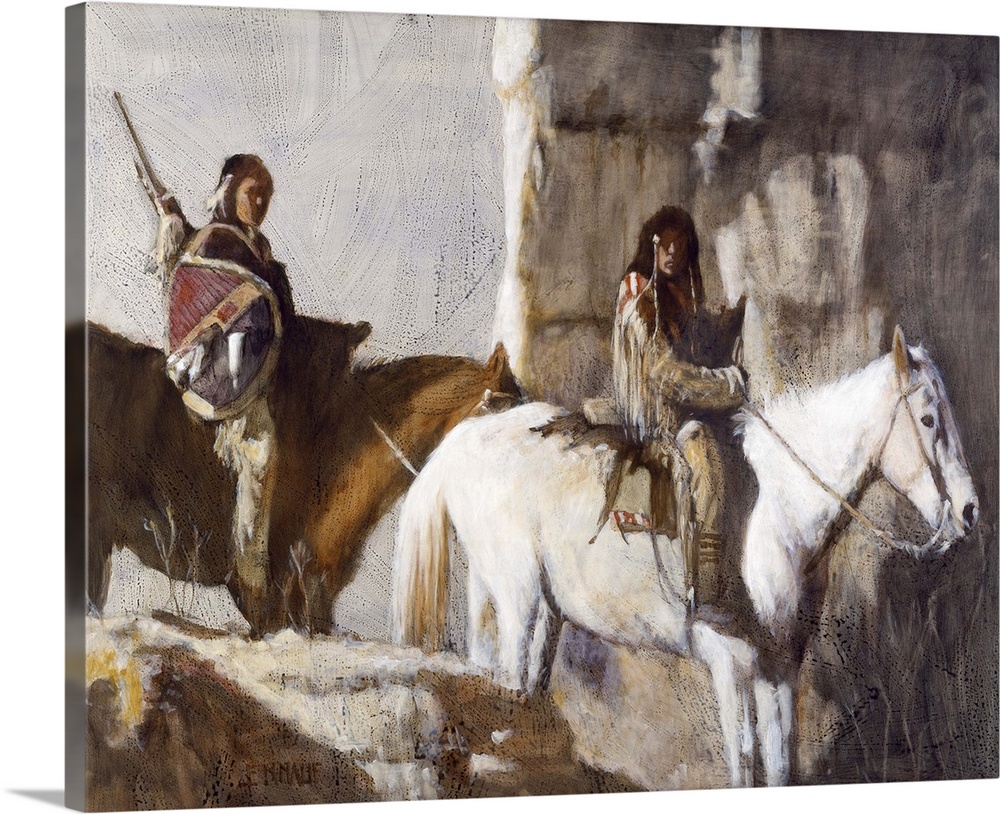 Contemporary western theme painting of native americans on horseback.