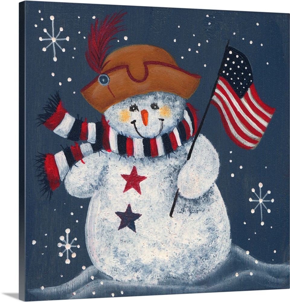 A snowman with a flag in hand.