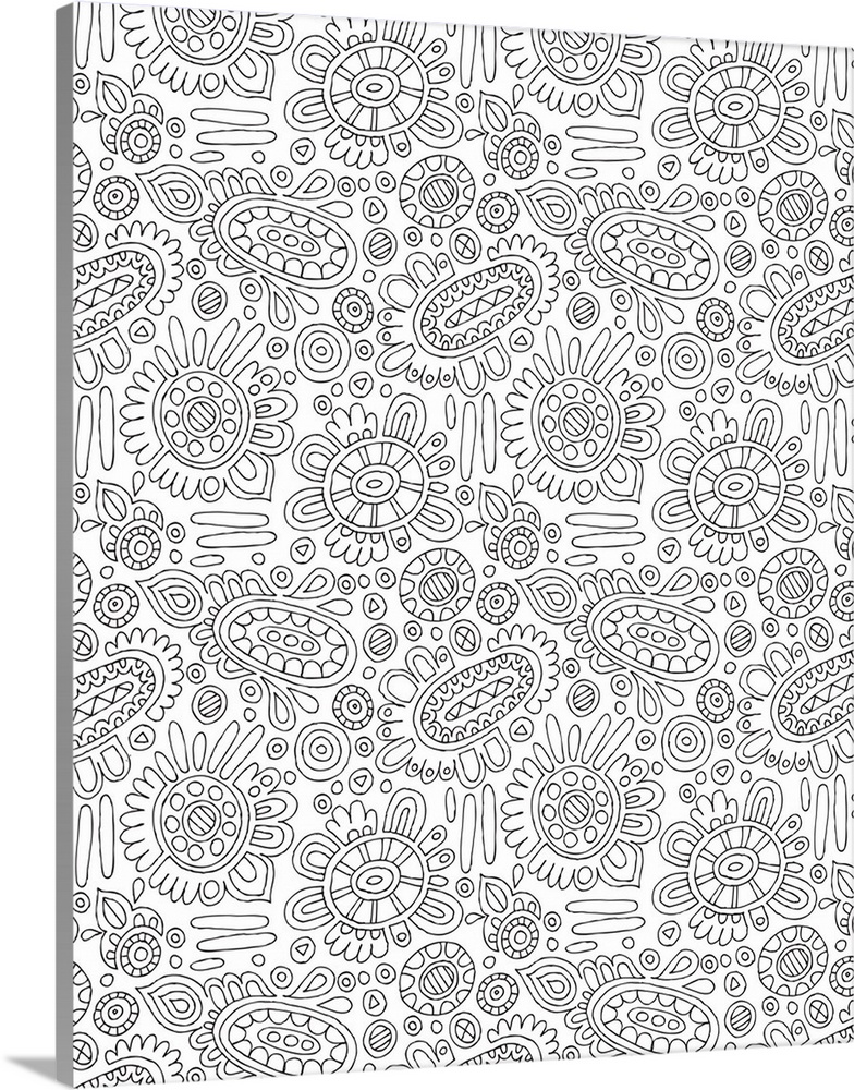 Black and white line art of an intricate floral pattern.