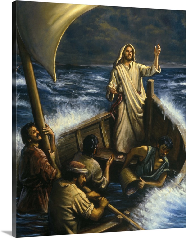 Jesus calming the rough ocean waters.