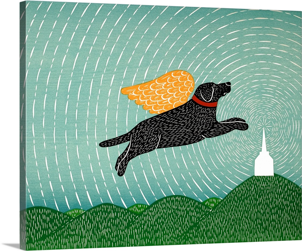 Illustration of a black lab with gold wings flying in a starry sky towards a chapel.