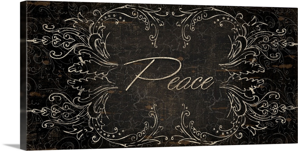 Long painting on canvas of the word "peace" with decorative elements around it.