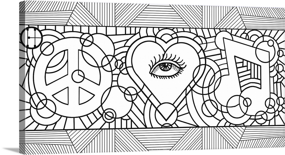 Black and white line art of a peace sign a heart with an eye in the center and musical note.