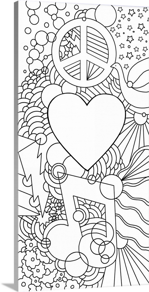 Black and white line art of a peace sign a heart with an eye in the center and musical note.