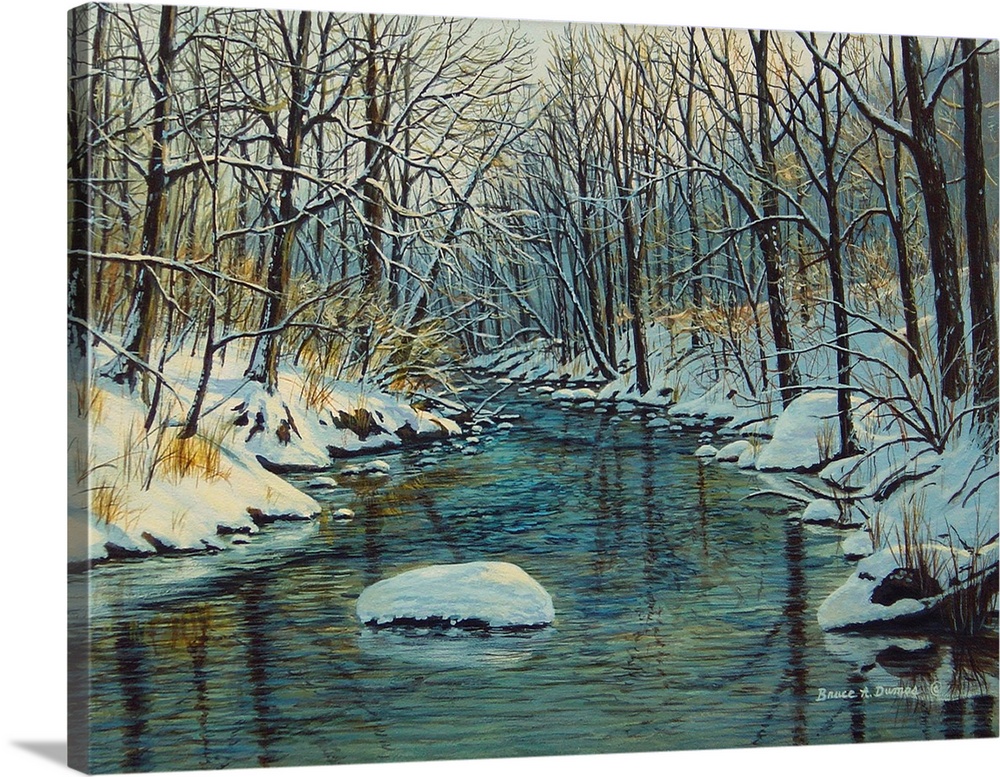 Contemporary artwork of a winter forest scene with a river running through it