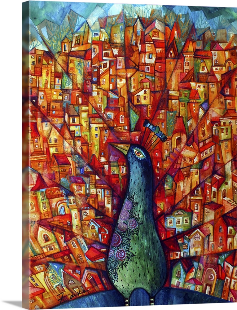 Contemporary painting of a peacock with a city visible in its feathers.