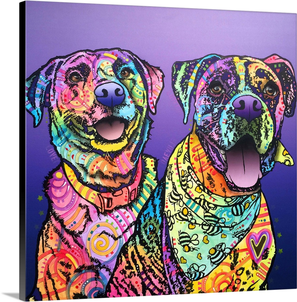 Square painting of two colorful dogs with graffiti-like designs on a purple gradient background.
