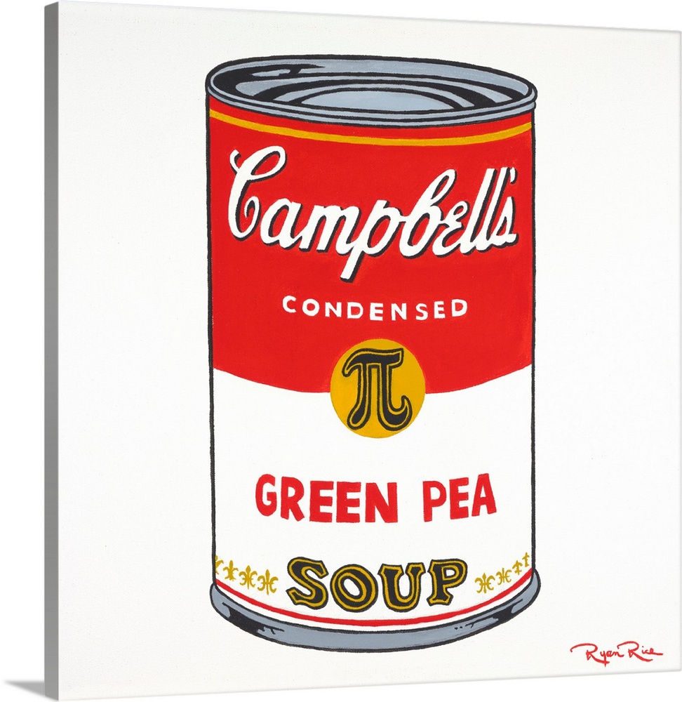 Square pun painting of a can of Campbell's green pea soup with the pi symbol on it (pea can pi - pecan pie)